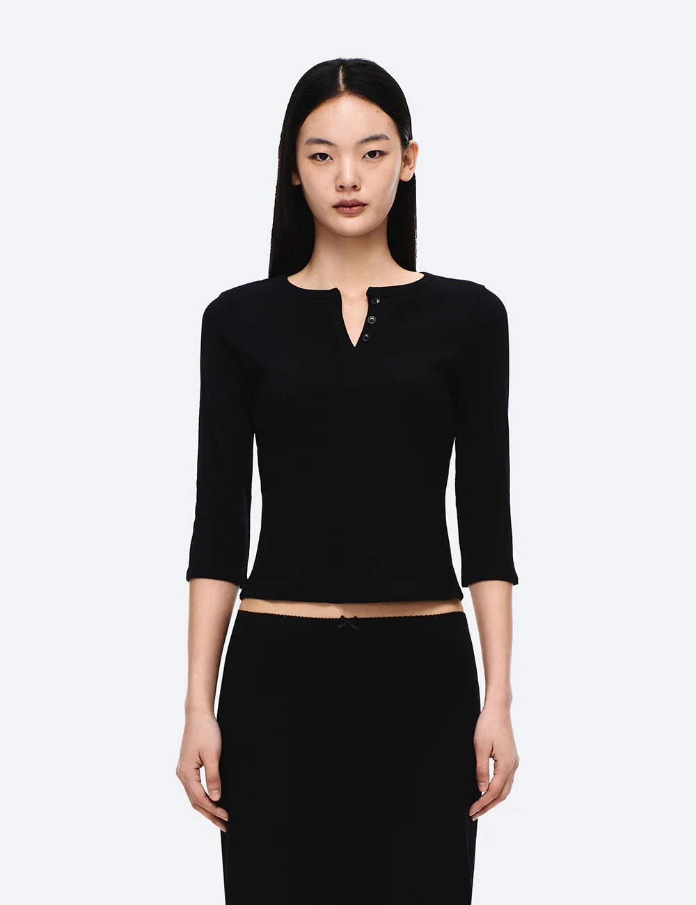 COTTON HENRY NECK LONG SLEEVE T-SHIRT - Image 5
