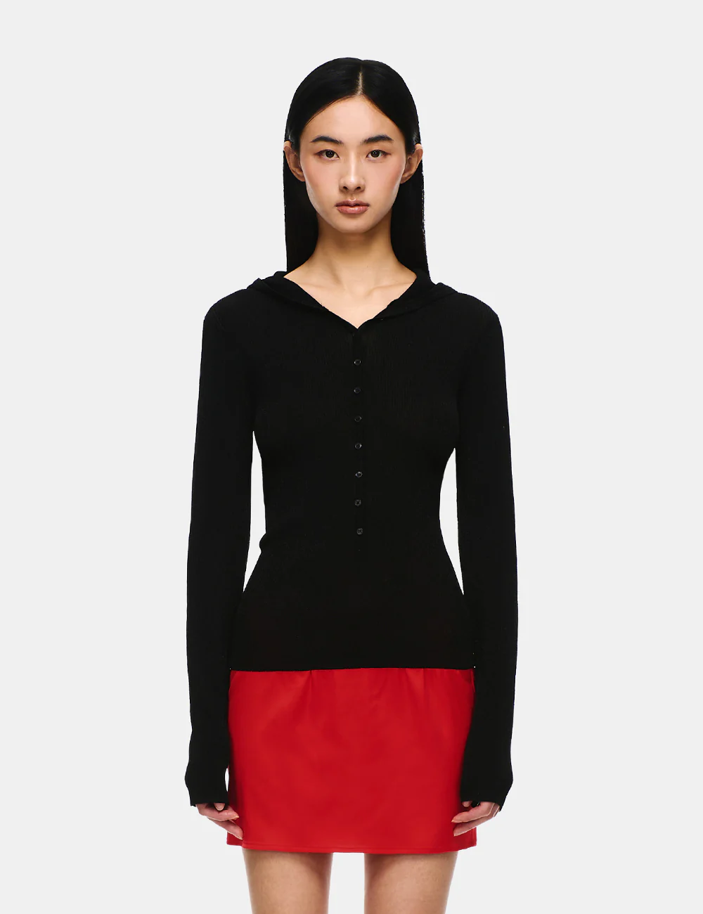 KNIT HENLEY NECK LONG SLEEVE HOODIE