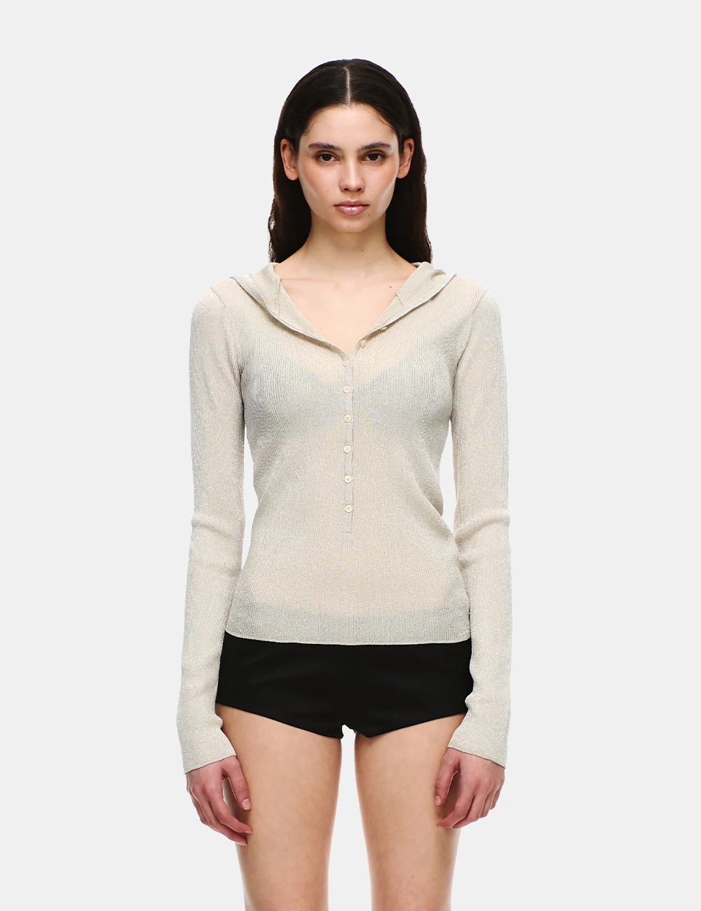 KNIT HENLEY NECK LONG SLEEVE HOODIE - Image 5