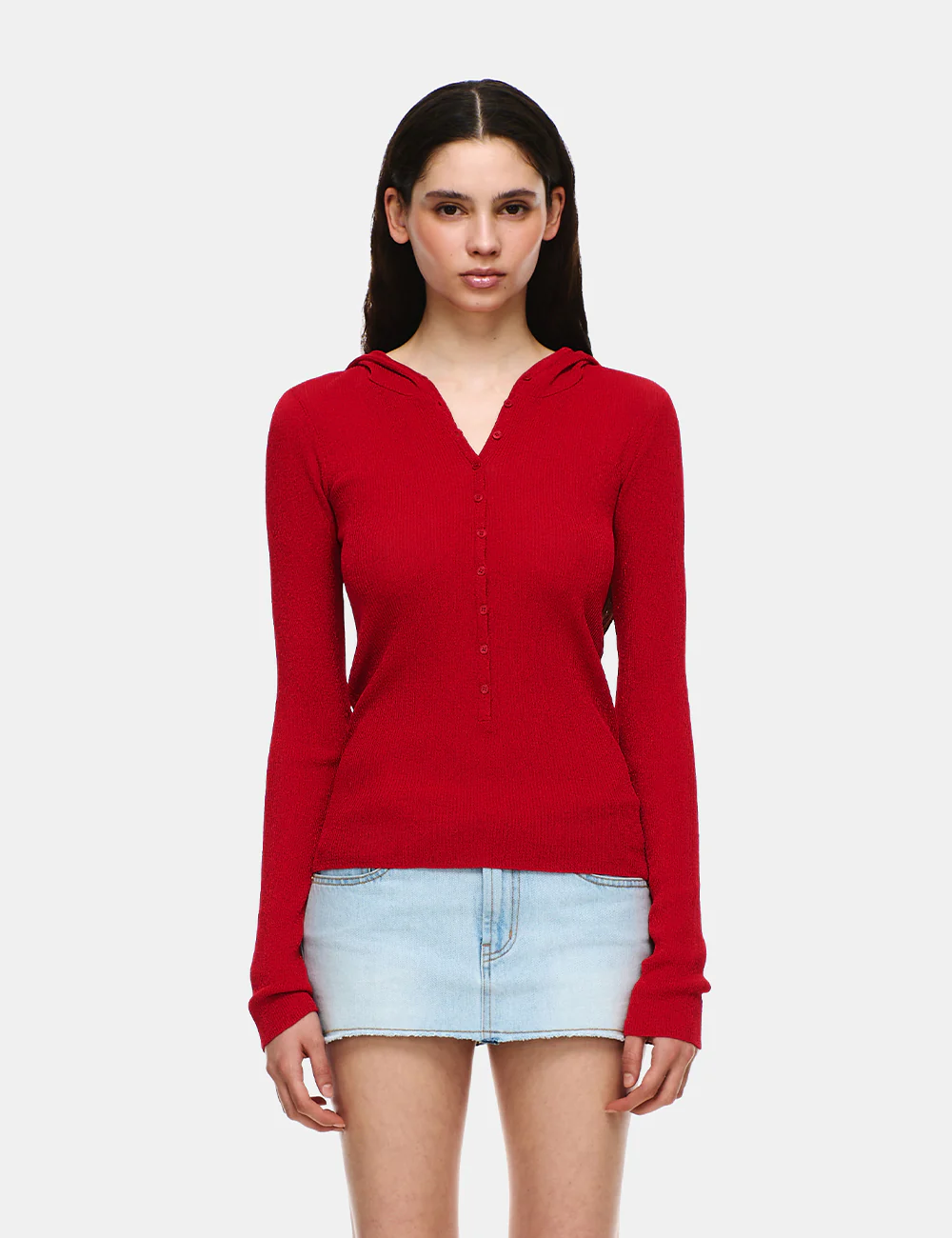 KNIT HENLEY NECK LONG SLEEVE HOODIE - Image 9